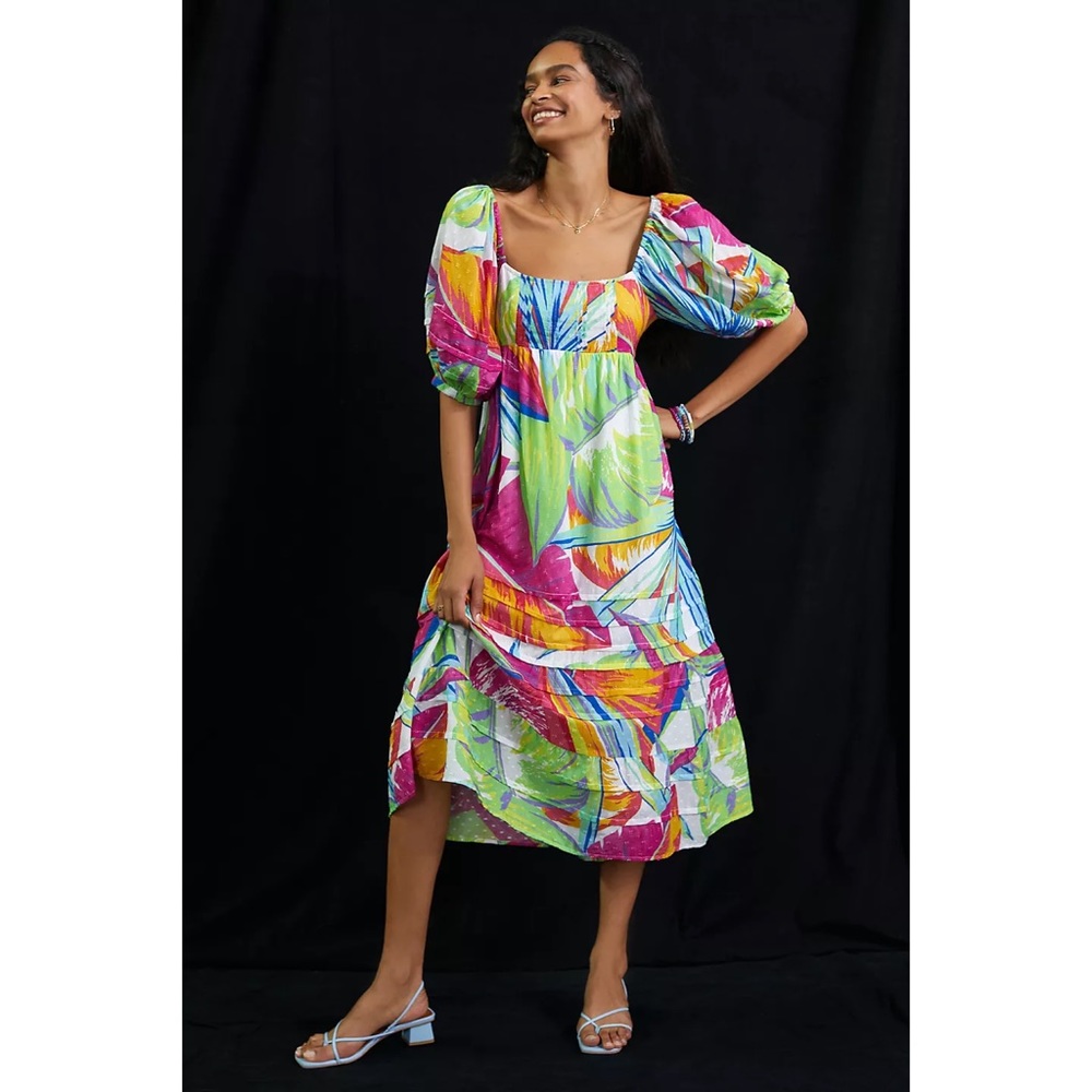 NWT FARM Rio Rainbow Leaf Open Back MIDI Dress